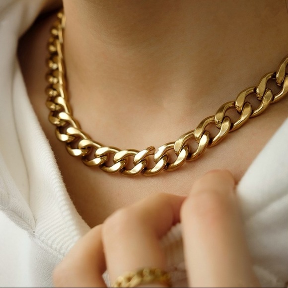 Chunky Thick Chain Necklace | Gold Plated Stainless Steel Necklace - Picture 3 of 4